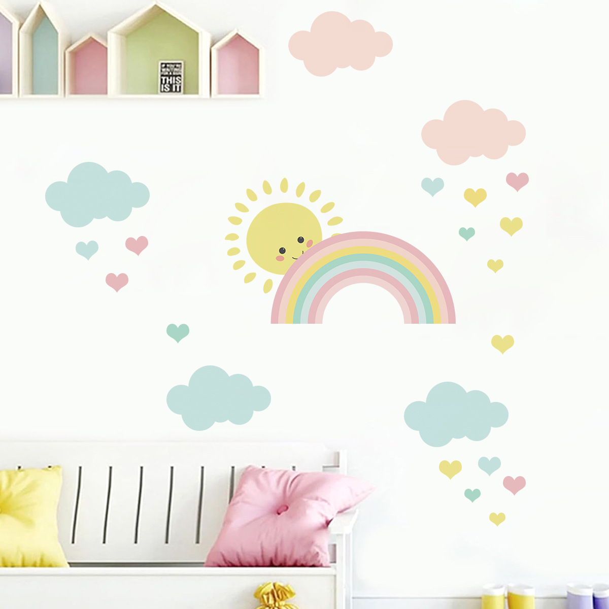 Cartoon Sun Rainbow Clouds Wal - Baby Nursery Boy recension och pris